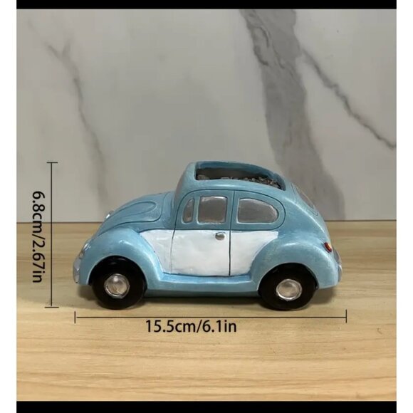 Vintage-Style Blue Beetle Car Succulent Planter 6.1" Resin Plant Holder Cute Fun - Picture 1 of 2